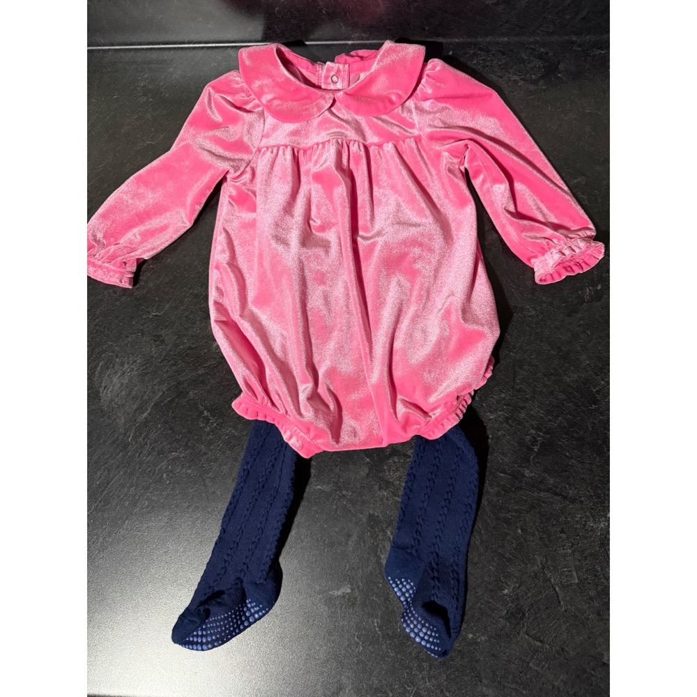 Cat & Jack 6-9M Velour Bubble Romper Peter Pan Collar w/LA Active Tights 6-12M